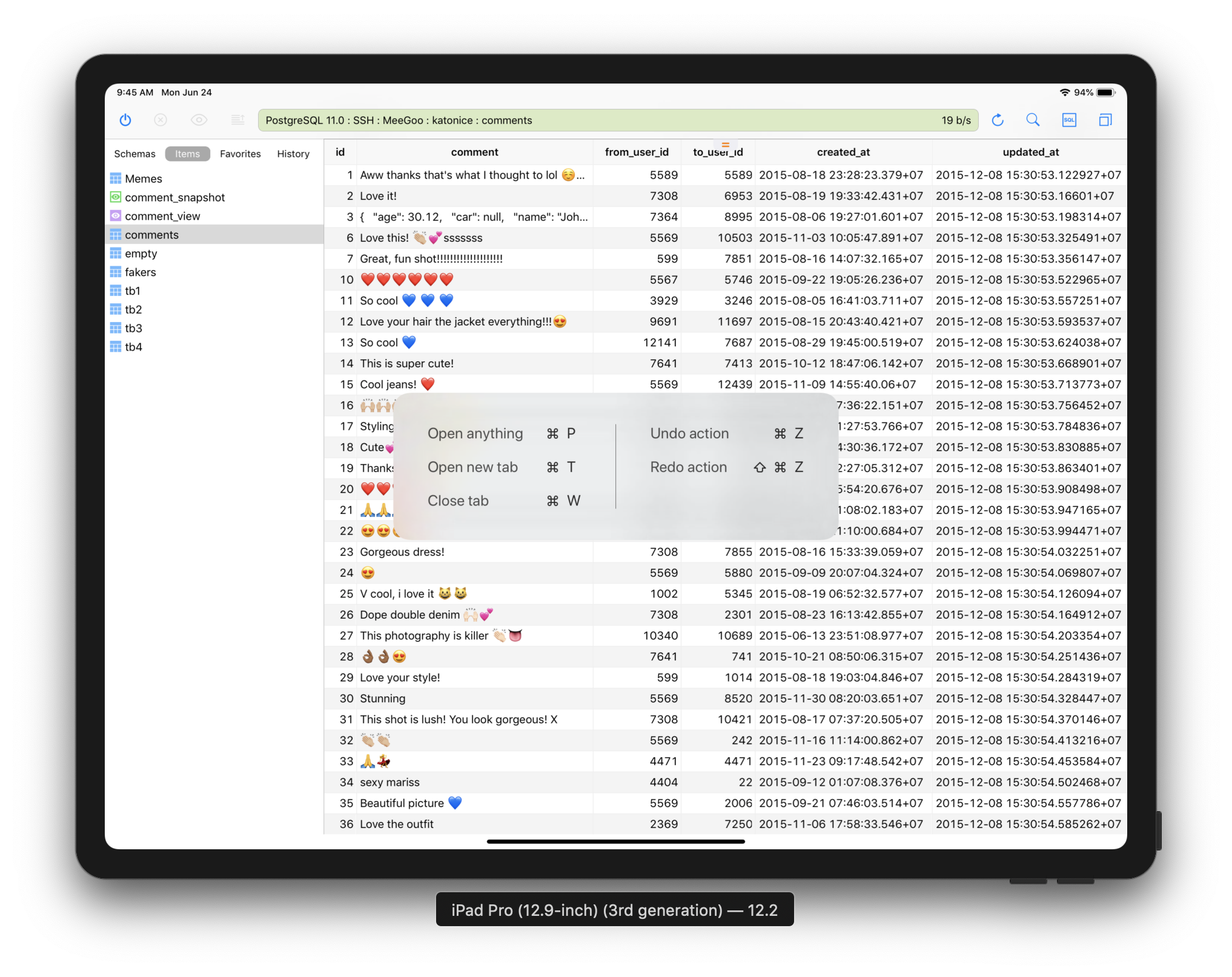 TablePlus iOS Workspace with shortcuts